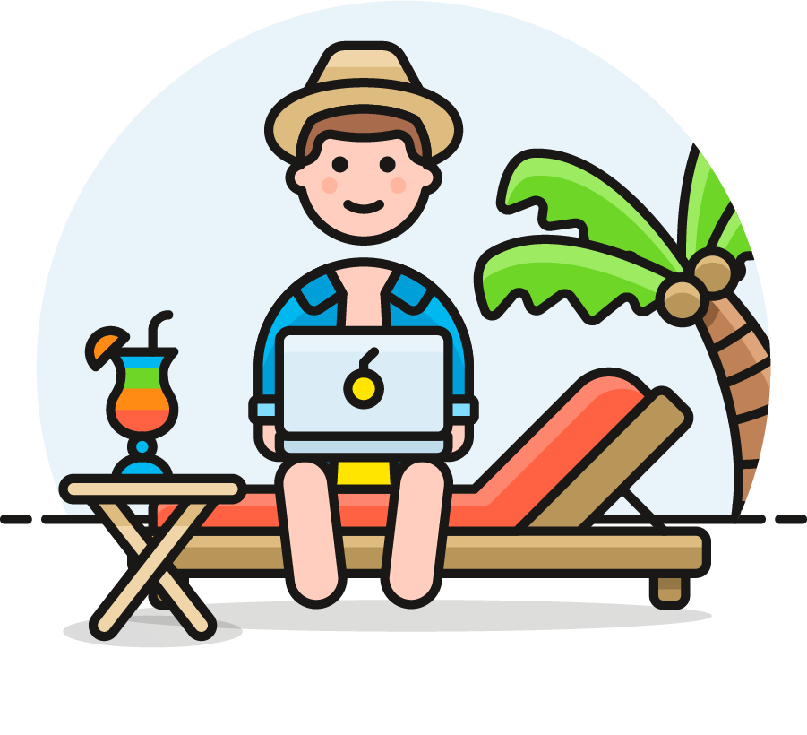 man on beach with laptop and drink
